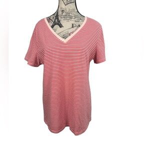 Laura Scott Red and Pink Striped CottonV-Neck Tee Signature Fit Size L